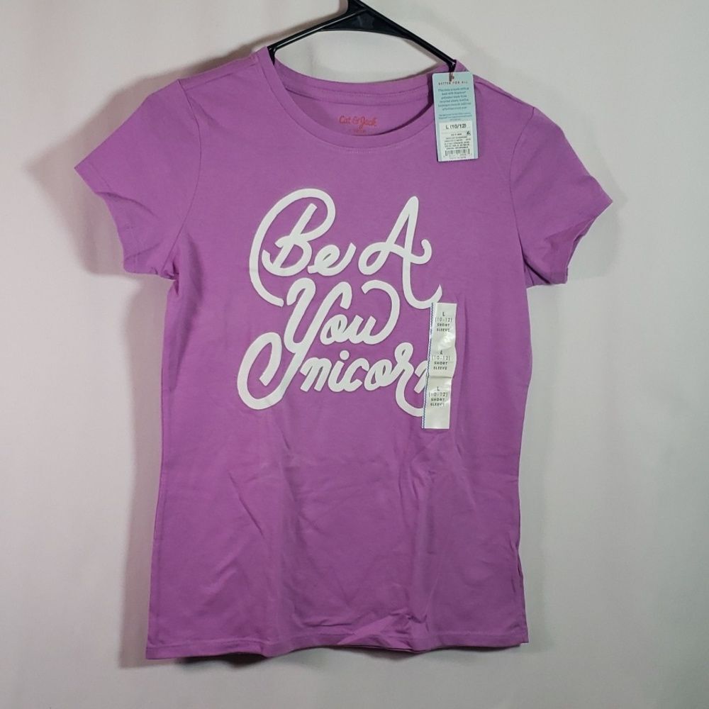 Cat & Jack Girls Slogan Shirt L 10/12 Graphic Tee Casual Top Flaw (AB)